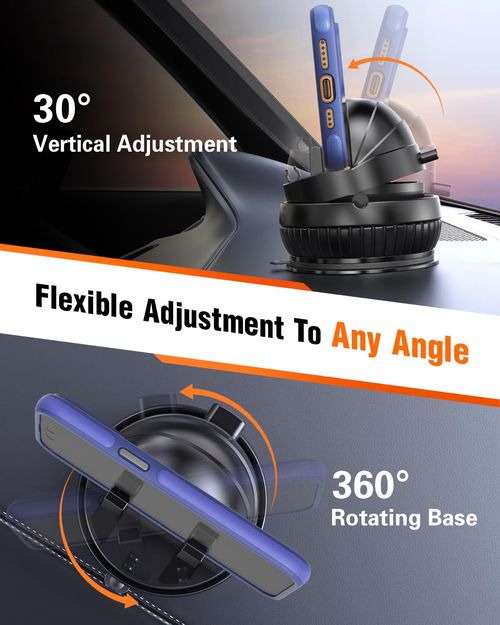 pop-tech Car Suction Dashboard Phone Holder:360° Rotating & 30° Adjustable Vacuum Suction Cup Cell Phone Mount with Anti-Slip Spring Snap