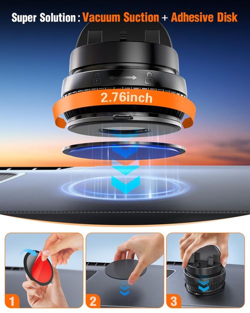 pop-tech Car Suction Dashboard Phone Holder:360° Rotating & 30° Adjustable Vacuum Suction Cup Cell Phone Mount with Anti-Slip Spring Snap