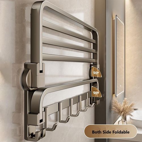 No-Drill Bathroom Storage Shelf — Foldable Wall-Mounted Towel Rack with Hooks and Shower Caddy (Adhesive Installation)