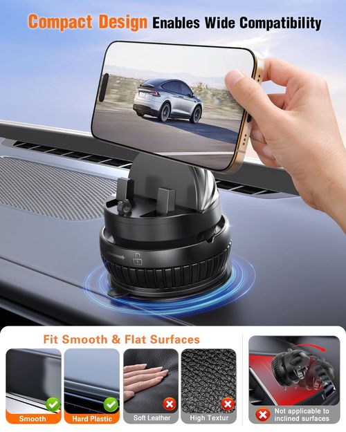 pop-tech Car Suction Dashboard Phone Holder:360° Rotating & 30° Adjustable Vacuum Suction Cup Cell Phone Mount with Anti-Slip Spring Snap