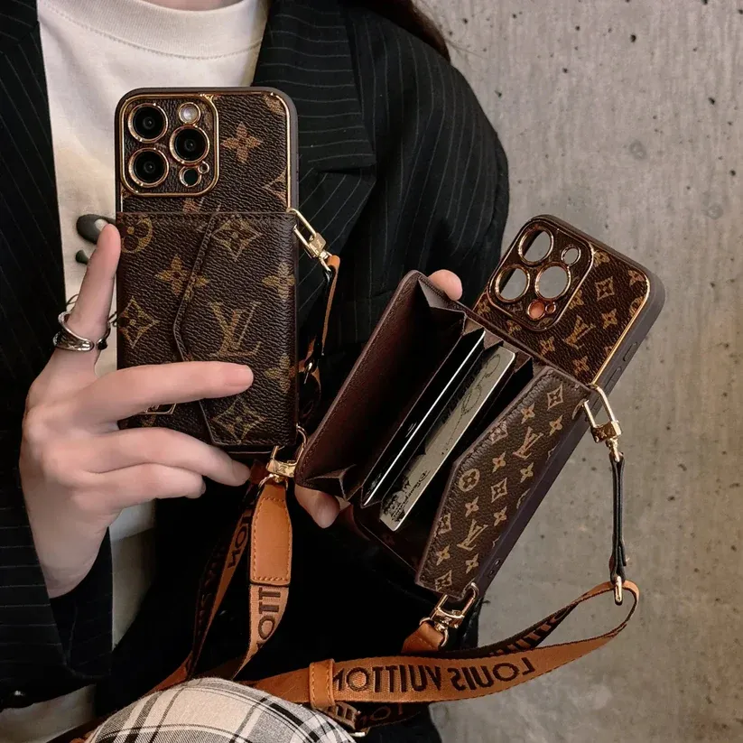 Monogram iPhone Case With Wallet And Strap Brown Big Printing