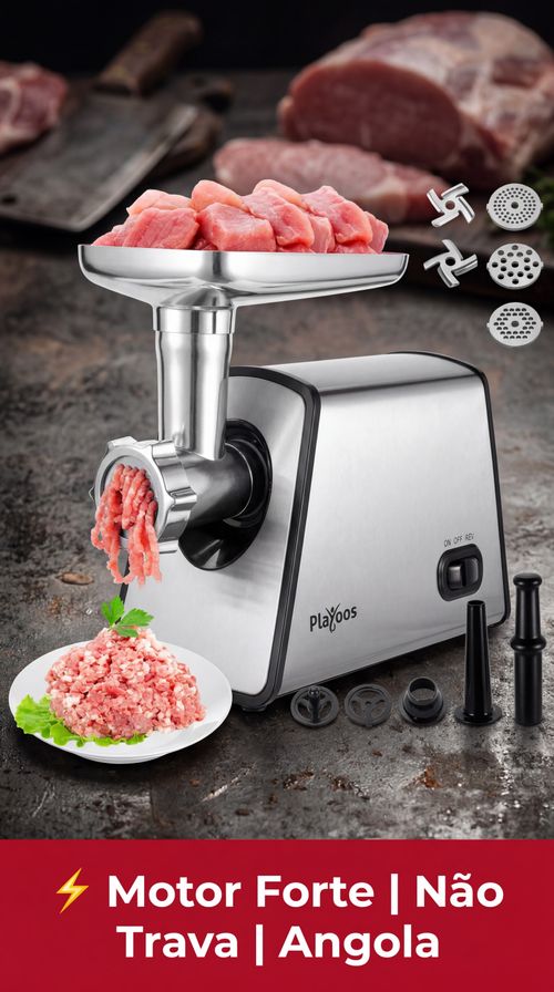 Moedor de Carne Elétrico 2 em 1 Playoos - Adaptado para Angola, 110-240V, Motor Forte Não Trava, Ideal para Casa e Açougues, Entrega em Luanda, Pagamento na Entrega,