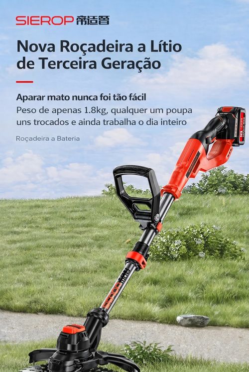 Roçadeira Elétrica Sem Escovas SIEROP para Jardins e Quintais de Luanda - Kit Completo, Bateria 10Ah e Preço Baixo