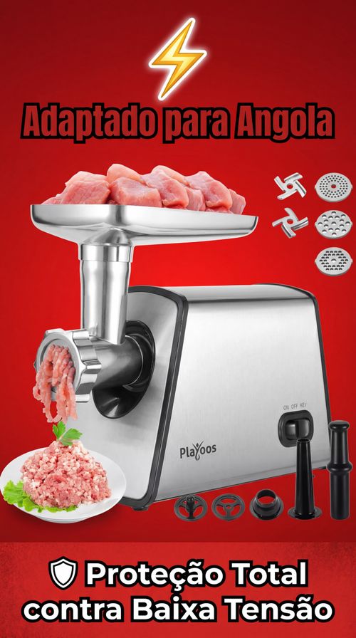 Moedor de Carne Elétrico 2 em 1 Playoos - Adaptado para Angola, 110-240V, Motor Forte Não Trava, Ideal para Casa e Açougues, Entrega em Luanda, Pagamento na Entrega,