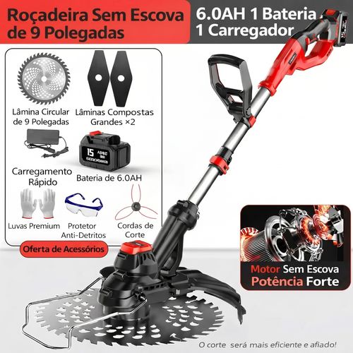 Roçadeira Elétrica Sem Escovas SIEROP para Jardins e Quintais de Luanda - Kit Completo, Bateria 10Ah e Preço Baixo