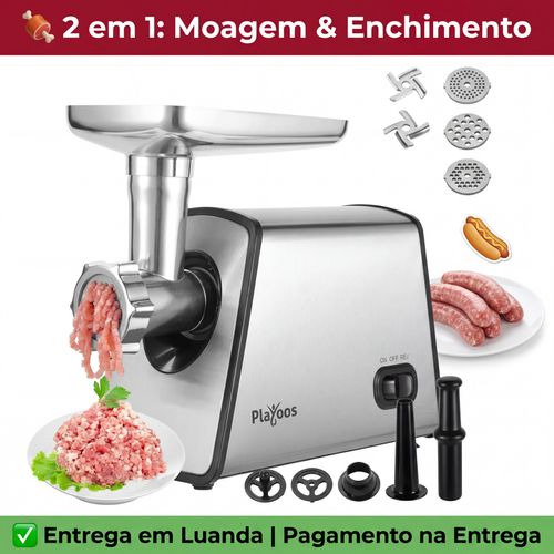 Moedor de Carne Elétrico 2 em 1 Playoos - Adaptado para Angola, 110-240V, Motor Forte Não Trava, Ideal para Casa e Açougues, Entrega em Luanda, Pagamento na Entrega,