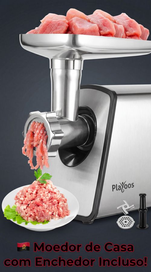 Moedor de Carne Elétrico 2 em 1 Playoos - Adaptado para Angola, 110-240V, Motor Forte Não Trava, Ideal para Casa e Açougues, Entrega em Luanda, Pagamento na Entrega,