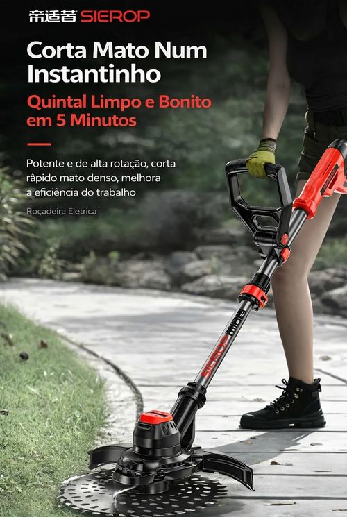 Roçadeira Elétrica Sem Escovas SIEROP para Jardins e Quintais de Luanda - Kit Completo, Bateria 10Ah e Preço Baixo