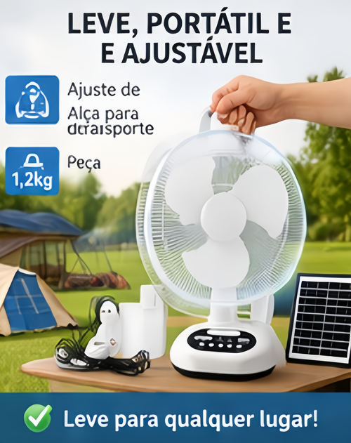🔋☀️ Ventilador Solar Portátil com Painel Solar | 💡 Lâmpadas LED 3W | 🔌📱 Saída USB para Carregar Telemóvel