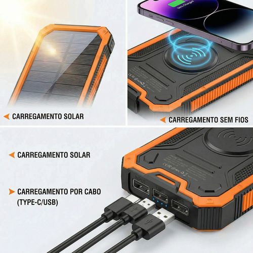 Solar Power Bank 30000mAh 🌞 Carregamento Sem Fio + Solar 🔋 Anti-poeira resistente à água 🛡️ Para Acampamento e Emergência em Angola