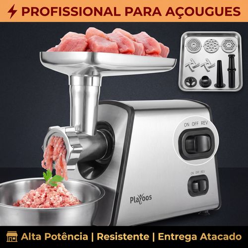 Moedor de Carne Elétrico 2 em 1 Playoos - Adaptado para Angola, 110-240V, Motor Forte Não Trava, Ideal para Casa e Açougues, Entrega em Luanda, Pagamento na Entrega,