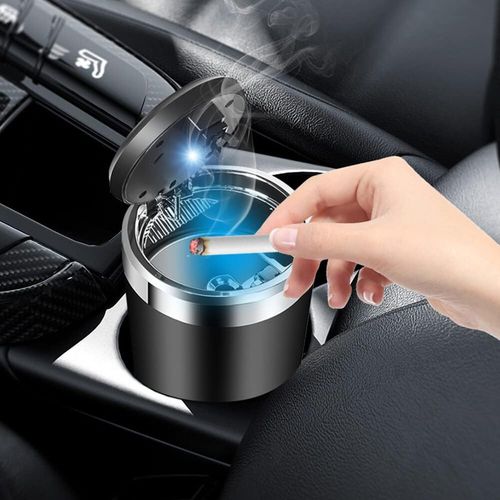 Mini car ashtray, detachable ashtray, smokeless smoking bracket, cylindrical windproof smokeless ashtray, car ashtray, cup holder with lid, LED light, suitable for indoor and outdoor use, black.