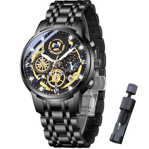 Moon Phase Watch for Men Chronograph Dial Analog Quartz Wristwatch Luxury Diamond Business Dress Watch with Luminous Waterproof Calendar Stainless Steel Strap