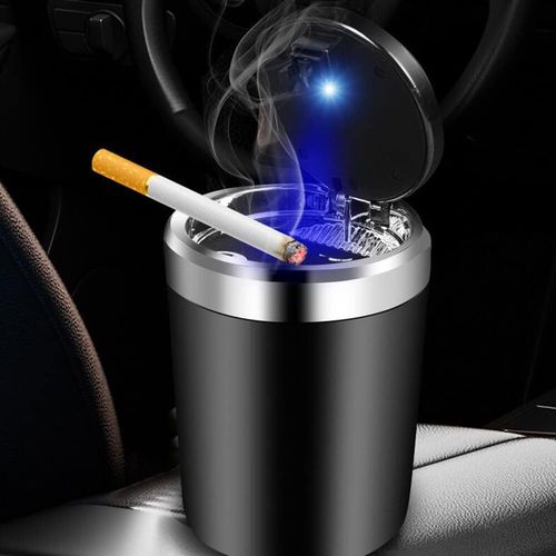 Mini car ashtray, detachable ashtray, smokeless smoking bracket, cylindrical windproof smokeless ashtray, car ashtray, cup holder with lid, LED light, suitable for indoor and outdoor use, black.