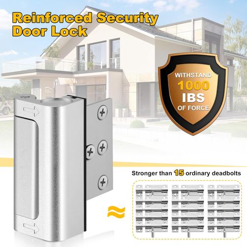 Home Security Door Lock, Upgraded Metal Door Reinforcement Lock, Withstands 1000 lbs of Impact for Inward Swing Doors, Defender Door Locks for Kids Safety, Prevent Unauthorized Entry (Silver)