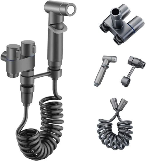 1-In-2-Out Dual Control Valve, 1-In-2-Out Washing Machine and Toilet Faucet, Bathroom Faucet with Pull Out Sprayer, Easy to Assemble (Grey Suit)