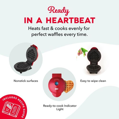 Mini Waffle Maker- Mini Machine for Creative Homemade Treats - Nonstick Iron with Unique Print Design - Stylish Waffle Machine - Red Heart