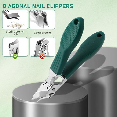 Eagle Beak Beveled Nail Clippers, 3-Piece Set of Upgrade Stainless Steel Wide Jaw Opening Anti-Splash Nail Clipper, Long Handle Angled Head Toenail Clipper for Ingrown & Thick Toenails for Men Women