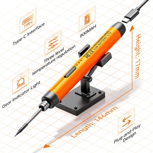 MEAKEST Cordless USB Rechargeable Portable Soldering Iron, 3-speed Temperature Adjustable, Heating Core, Soldering Iron Cord, Rosin, Soldering Iron Stand, Storage Case, Orange