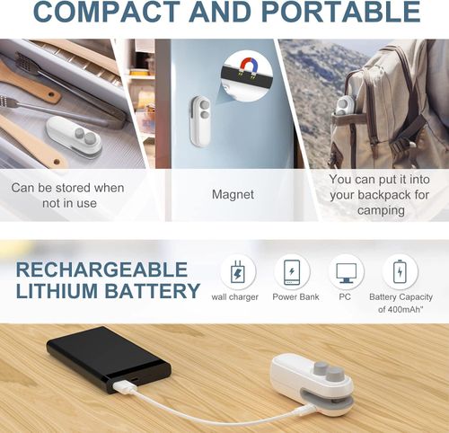 Portable Mini Sealing Machine, 2 in 1, USB Rechargeable, Magnetic Bag Sealer, Heat Seal with Cutter, Plastic Bags Packing Machine