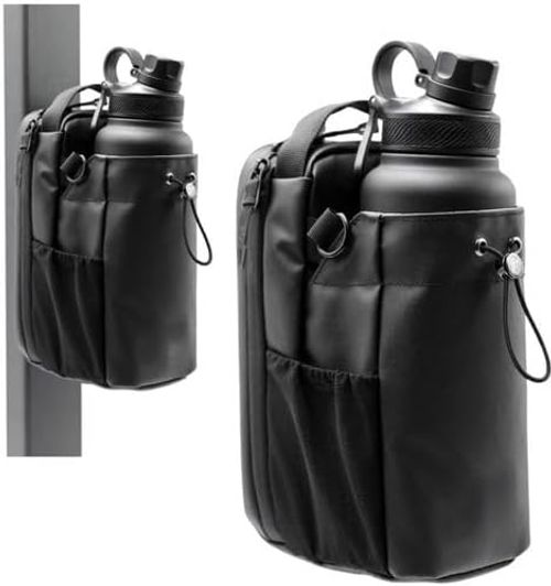 Portable Magnetic Gym Water Bottle Holder Bag with Phone Pockets and Shoulder Strap, Black