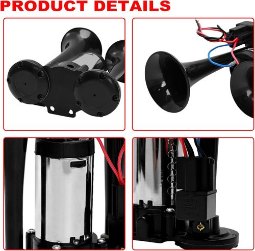12V 600DB Upgraded Train Horn for Truck, Super Loud Dual Trumpets Electric Train Horn for Pickup Trucks Kit for 12V Vehicles with Air Compressor Applicable for Cars Boats SUV, Black