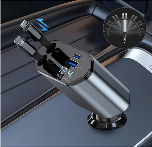 4-in-1 120W super fast car charger with retractable cable, mobile phone interface and car cigarette lighter