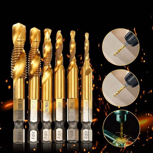 6 Pack Combination Drill Tap Bit Set, Thread Tap Drill Bits Set M3 M4 M5 M6 M8 M10 Metric Drill and Tap Set for Drilling, Tapping, Countersinking