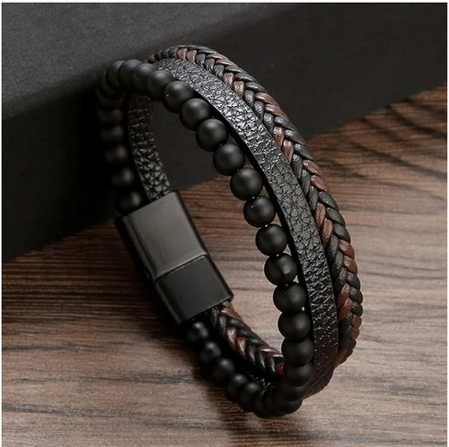 Preliminary Calming Anxiety Bracelet For Men, Natural Volcanic Stone Braided Leather Agate Beaded Bracelet Meditation Anti Anxiety Stress Relief Gift Jewelry