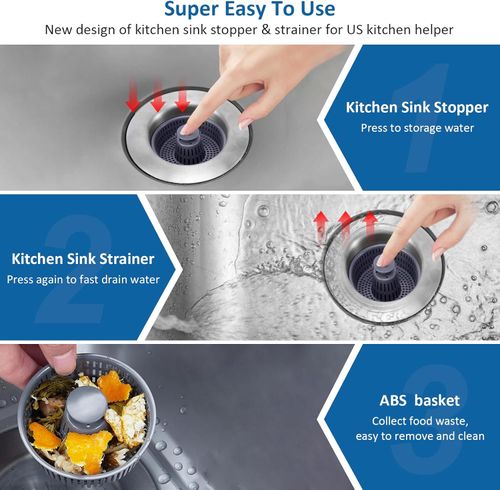 2-Pisce of 3-in-1 Kitchen Sink Drain Strainer and Stopper Combo, Stainless Steel Pop-Up Sink Stopper with Anti-Clog Basket Sink Strainer, Sink Bounce Core Drain Strainer for Standard 3-1 and 3-2 Inch Drains