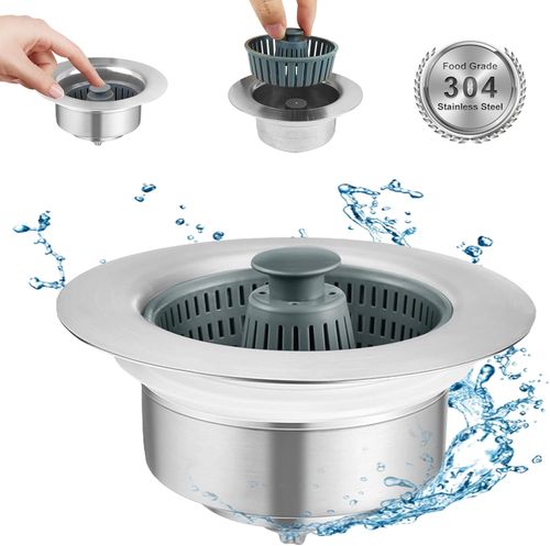2-Pisce of 3-in-1 Kitchen Sink Drain Strainer and Stopper Combo, Stainless Steel Pop-Up Sink Stopper with Anti-Clog Basket Sink Strainer, Sink Bounce Core Drain Strainer for Standard 3-1 and 3-2 Inch Drains