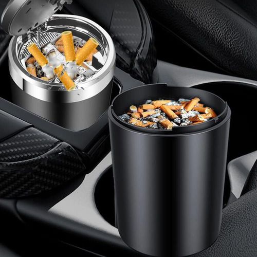 Mini car ashtray, detachable ashtray, smokeless smoking bracket, cylindrical windproof smokeless ashtray, car ashtray, cup holder with lid, LED light, suitable for indoor and outdoor use, black.