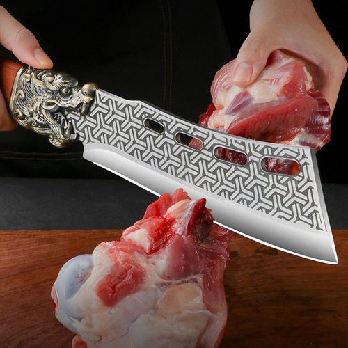 Hand-Forged, Vintage-Style Bone Chopper & Knife Set — Dragon Motif Design — Ideal for BBQ, Camping, Wilderness Survival, and Fishing (Brown)