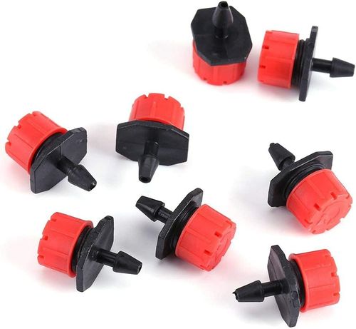 100 picse adjustable garden irrigation drip emitters and sprinklers, suitable for watering flowers and plants, compatible with 0.25 inch hoses, red.