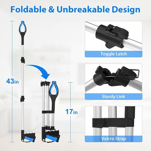 Reacher Tool, Foldable Reacher Grabber Pickup Tool , Extra Long Trash Picker Upper Grabber, Extension Grabbers for Seniors, Blue