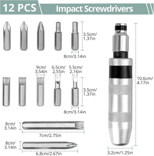 12 and 1PCS Impact Screwdriver Set, Hand Impact Driver Bits - Heavy Duty Slot Phillips Hex Bits with Manual Impact Corrector Screwdriver