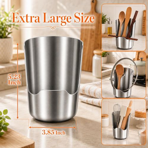 Multi-Functional Stainless Steel Kitchen Utensil Holder, 2‑In‑1 Spoon Rest for Kitchen Counter, Space‑Saving Vertical Organizer for Spatula Ladle Pot Lid Cutting Board, Stainless Steel Utensil Holder