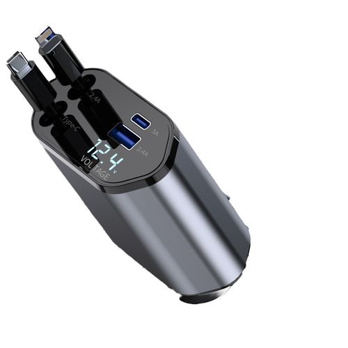 4-in-1 120W super fast car charger with retractable cable, mobile phone interface and car cigarette lighter