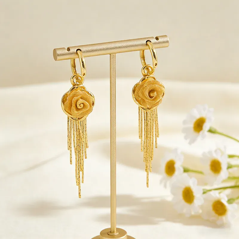 Rose Tassel Earrings For Women With 304 Stainless Steel Ear Pins In Gold Alloy