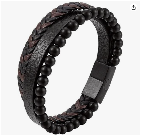 Preliminary Calming Anxiety Bracelet For Men, Natural Volcanic Stone Braided Leather Agate Beaded Bracelet Meditation Anti Anxiety Stress Relief Gift Jewelry