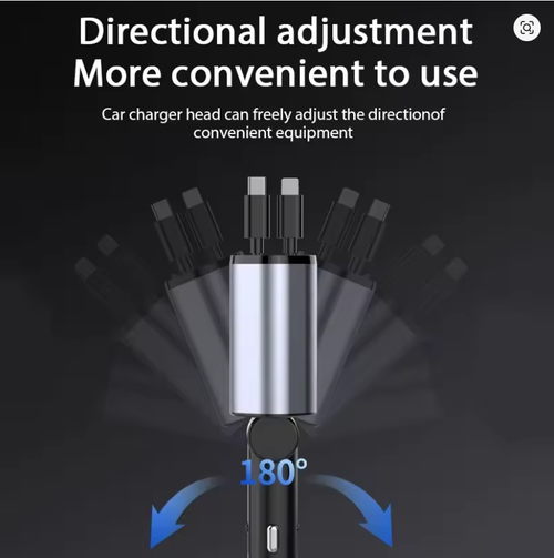 4-in-1 120W super fast car charger with retractable cable, mobile phone interface and car cigarette lighter