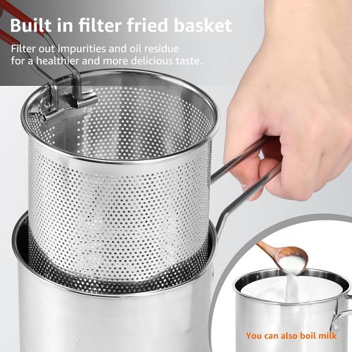 Deep Fat Fryer Set with Strainer Basket and Extended Handle, Mini Stainless Steel Deep Fryer Pot Food Grade Outdoor Fryer with Lid Portable Food Cooking Pot for Frying Fish Shrimp Chicken Fries