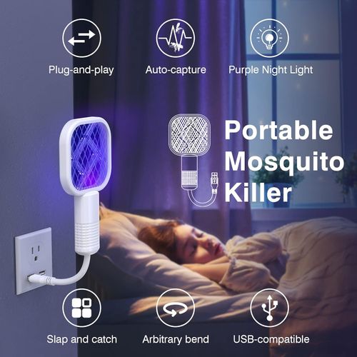 USB Mini Electric Mosquito Swatter, Portable Mini Mosquito Killer, Electric Shock Mosquito Swatter, with LED mosquito-attracting light and UV protection function, a 2-in-1 mini mosquito killer lamp suitable for home use, plug not included, USB data cable included.