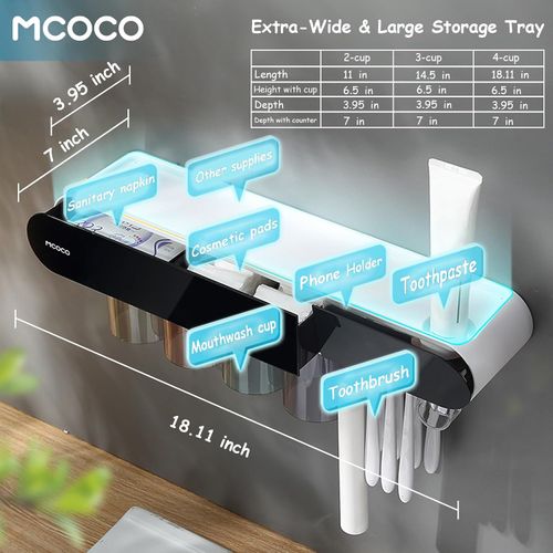 Toothbrush Holders for Bathrooms Wall Mounted Magnetic Toothbrush Holder with Large Capacity Tray and Drawer Tooth Brush Holder 4-Cup