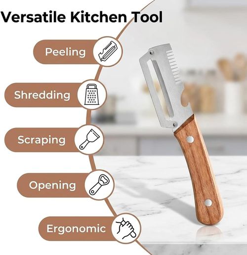 Vegetable Peeler for Kitchen – Multifunctional Stainless Steel Peeler with Wooden Handle and  Bottle Opener, Durable for Fruits and Vegetables