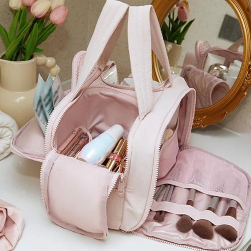 4-in-1 Multifunctional Travel Cosmetic Bag, Large-Capacity Travel Cosmetic Bag, 4-in-1 Puffy Multi-functional Toiletry Bag, 2025 New Camping Toiletry Bag for Women Traveling (Pink+Black)