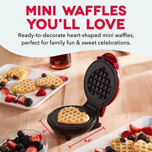 Mini Waffle Maker- Mini Machine for Creative Homemade Treats - Nonstick Iron with Unique Print Design - Stylish Waffle Machine - Red Heart