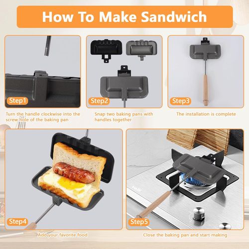 Sandwich Maker, Double-Sided Sandwich Baking Pan with Removable Handle, Non Stick Breakfast Sandwich Maker Grill Pan for Breakfast Pancakes, Omelets, Frittatas, Bread and Toast