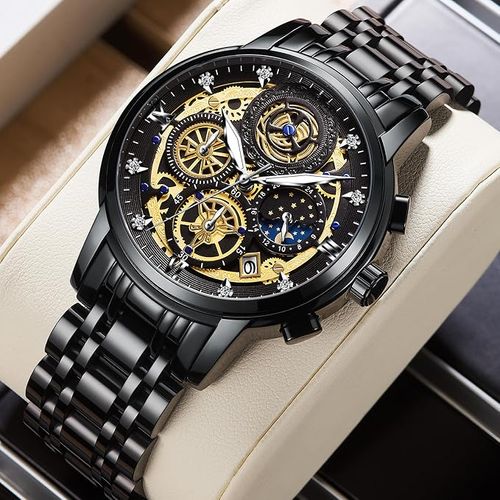 Moon Phase Watch for Men Chronograph Dial Analog Quartz Wristwatch Luxury Diamond Business Dress Watch with Luminous Waterproof Calendar Stainless Steel Strap