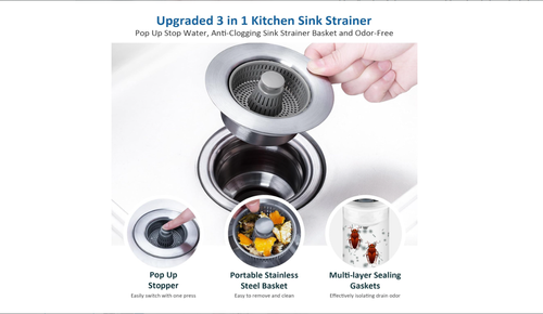 2-Pisce of 3-in-1 Kitchen Sink Drain Strainer and Stopper Combo, Stainless Steel Pop-Up Sink Stopper with Anti-Clog Basket Sink Strainer, Sink Bounce Core Drain Strainer for Standard 3-1 and 3-2 Inch Drains